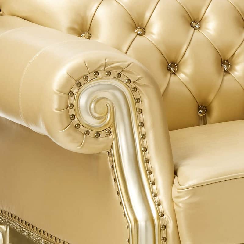 Traditional Button Tufted Leatherette Loveseat with Carved Details, Gold
