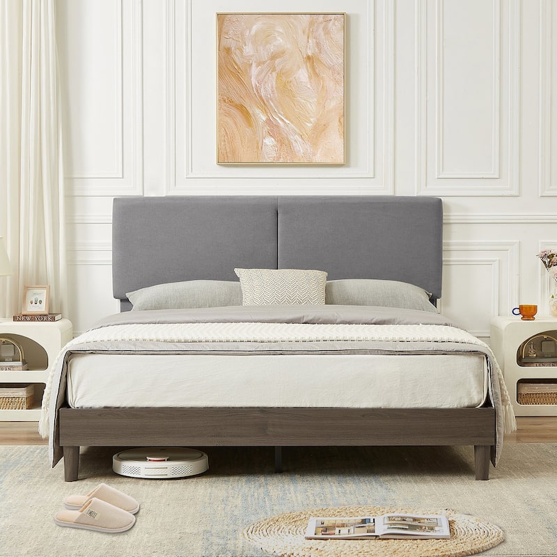 Javlergo Upholstered Bed Frame with Linen Fabric Adjustable Headboard, Strong Wood Slats Supports, No Box Spring Needed
