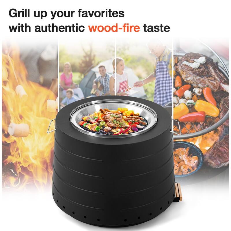 19.5" Smokeless Fire Pit, Portable Stainless Steel for Outdoor, Camping, with Ash Tray, Handles, and Weatherproof Cover