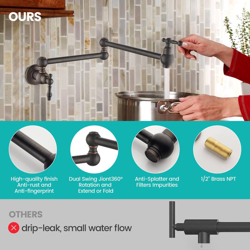 2-Handle Wall Mounted 180°horizontal rotation Pot Filler in Oil Rubbed Bronze