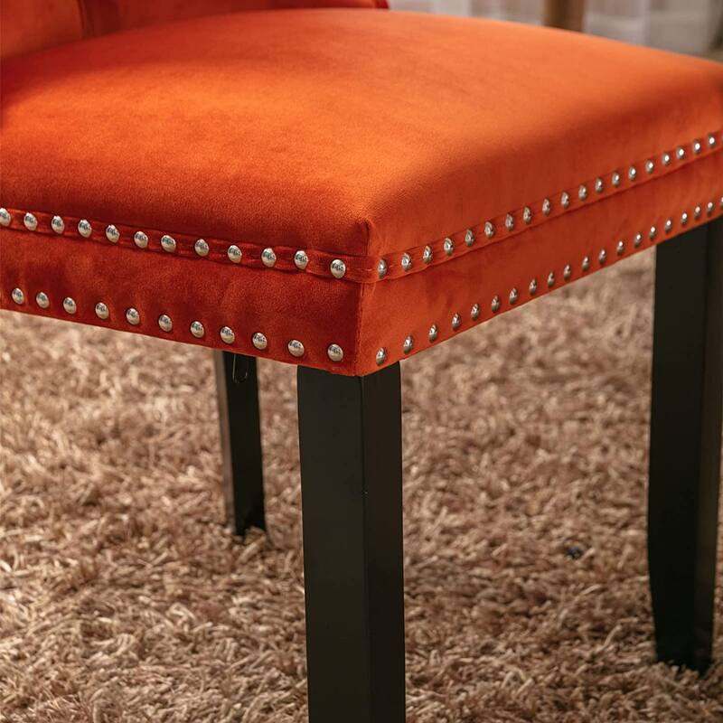 Set of 2 Velvet Dining Chairs – Tufted Upholstered Armless Accent Chairs with Nailhead Trim & Back Ring Pull