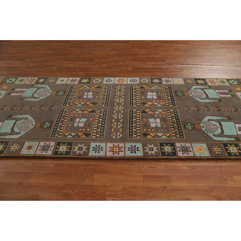 Hand Knotted Oriental 100% Wool Carpet Traditional Tribal Brown Heriz (serapi) Runner Rug - 9' 11'' X 4' 0''