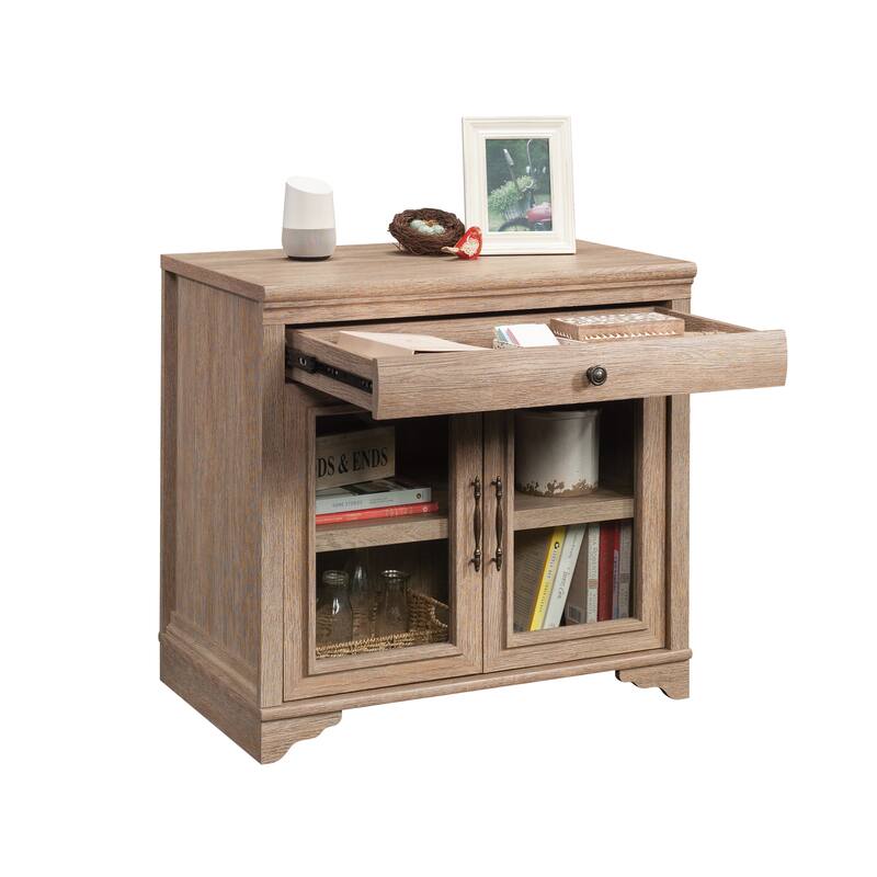 Wood Library Base with 2 Glass Doors and Spacious Drawer, Brown