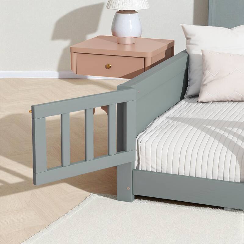 Twin Size Floor Platform Bed with Guardrails, Revolving Door and Built-in Book Rack