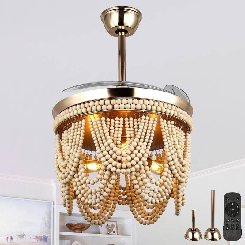 Cusp Barn 42" Retractable Ceiling Fan with Light, Farmhouse Wooden Bead Chandelier, Quiet DC Motor 6 Speeds Bohemian Ceiling Fan