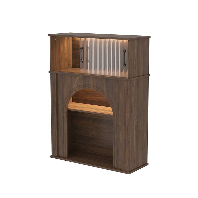 LED Lighted Display Cabinet with Fluted Glass Doors, Wooden Sideboard Buffet Cabinet for Living Room or Dining Room