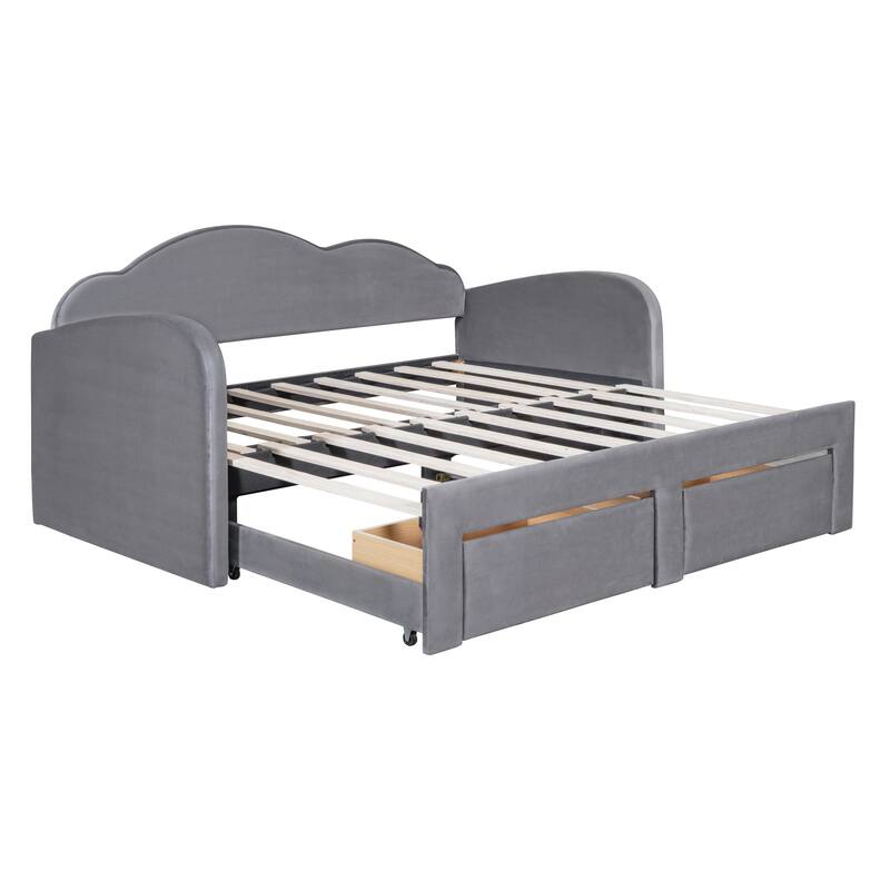 Cloud-Shaped Backrest Daybed, Twin To King Extendable Sofabed, Velvet Upholstered Platform Bed Frame with 2 Arc Armrests