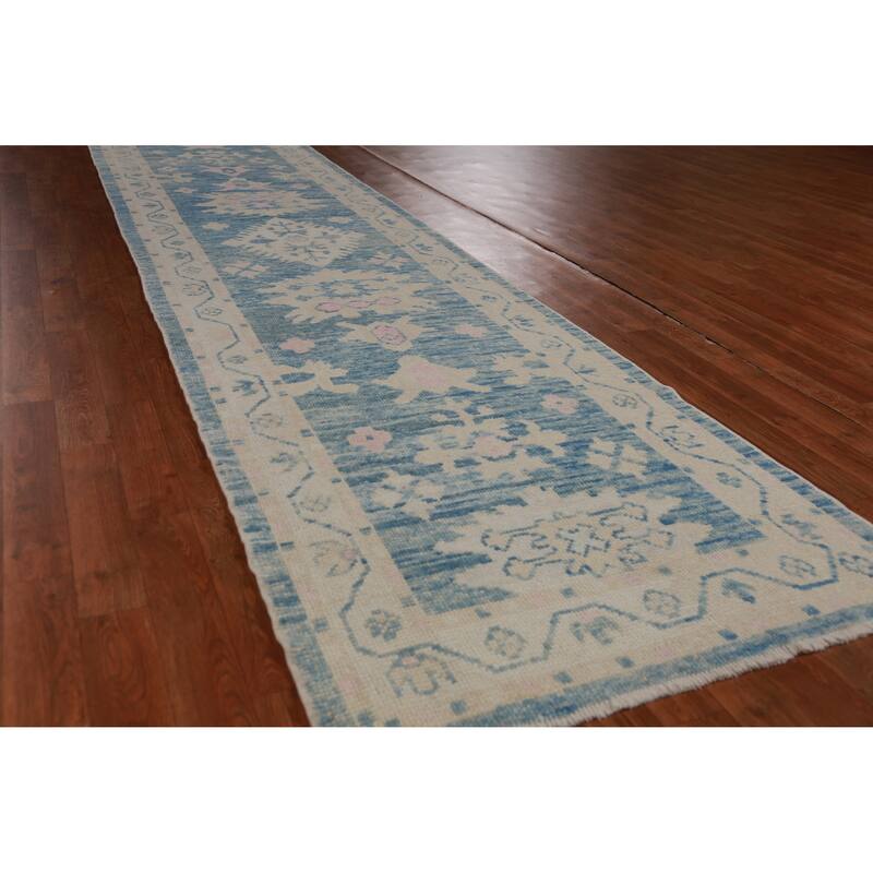 Hand Knotted Oriental 100% Wool Carpet Transitional Floral Navy Blue & Blues Oushak Runner Rug - 14' 5'' X 3' 1''