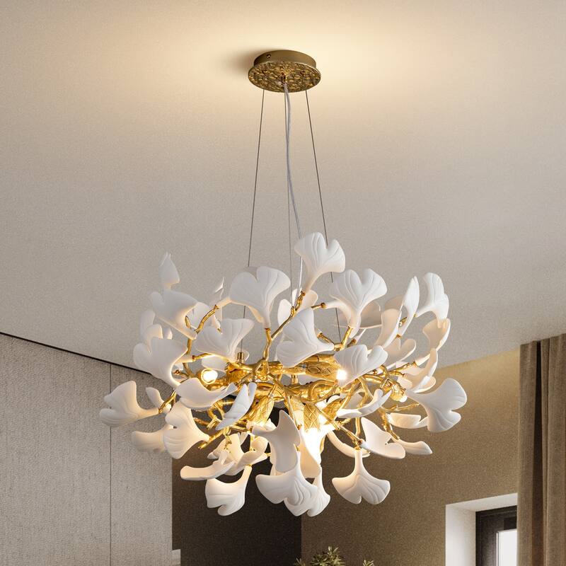 Modern Ginkgo Leaf Ceramic Chandelier, Moon Ring Round Pendant Light, D550-D1200, Gold Finish - 24in