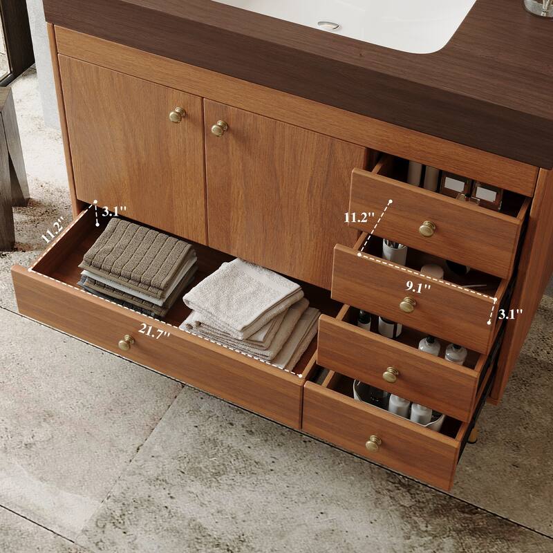 36" Freestanding Bathroom Vanity with Faux Marble Top, Ceramic Sink, 5 Drawers & Stainless Steel Legs