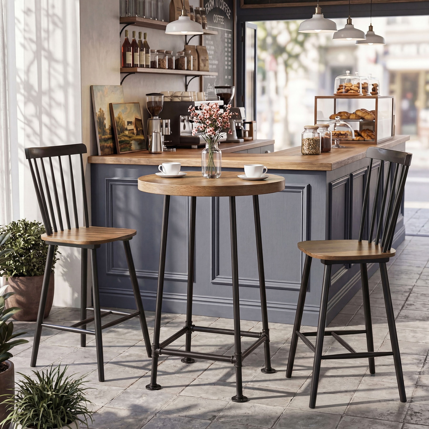 39.4" Round Bar Table, High Top Pub Table with Metal Footrest