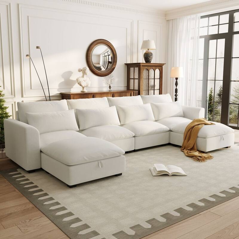 Modern U-shaped Modular Linen Blend Sectional Sofa with 2 Storage Ottomans and 4 lumbar pillows