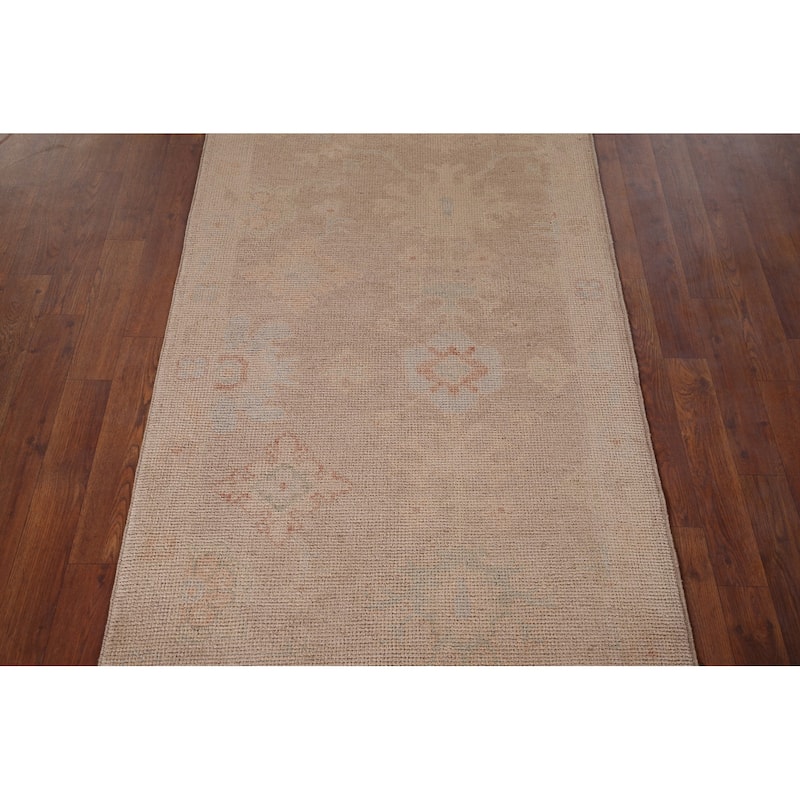 Earth Tone Oushak Turkish Runner Rug Handmade Wool Carpet - 3'0" x 11'5"