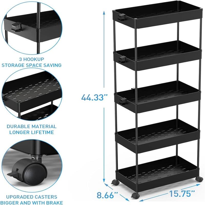 5 Tier Storage Cart Organizer Rolling Utility Cart - 8.66"D x 15.75"W x 44.33"H