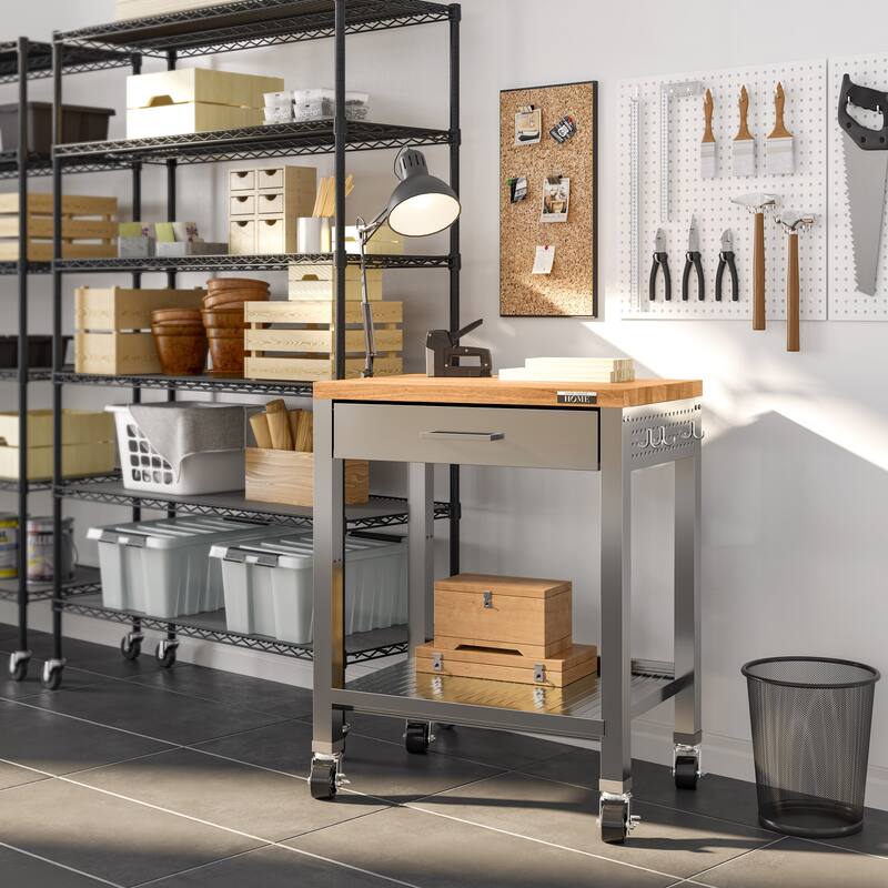 Seville Classics Stainless-Steel Worktable Cart with Solid Wood Top, 30" W x 20" D x 36" H