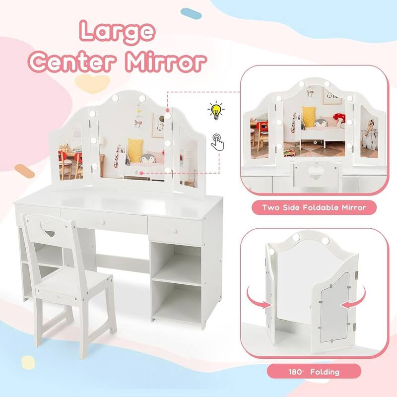 Kids Vanity Set, 2-in-1 Princess Makeup Table with Tri-Folding Mirror & Drawer