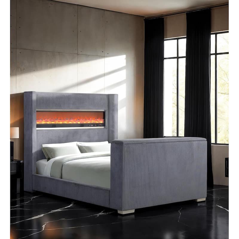 Luxury Gray 1-PC Bed Footboard w/ TV Lift Wingback 3D Fireplace