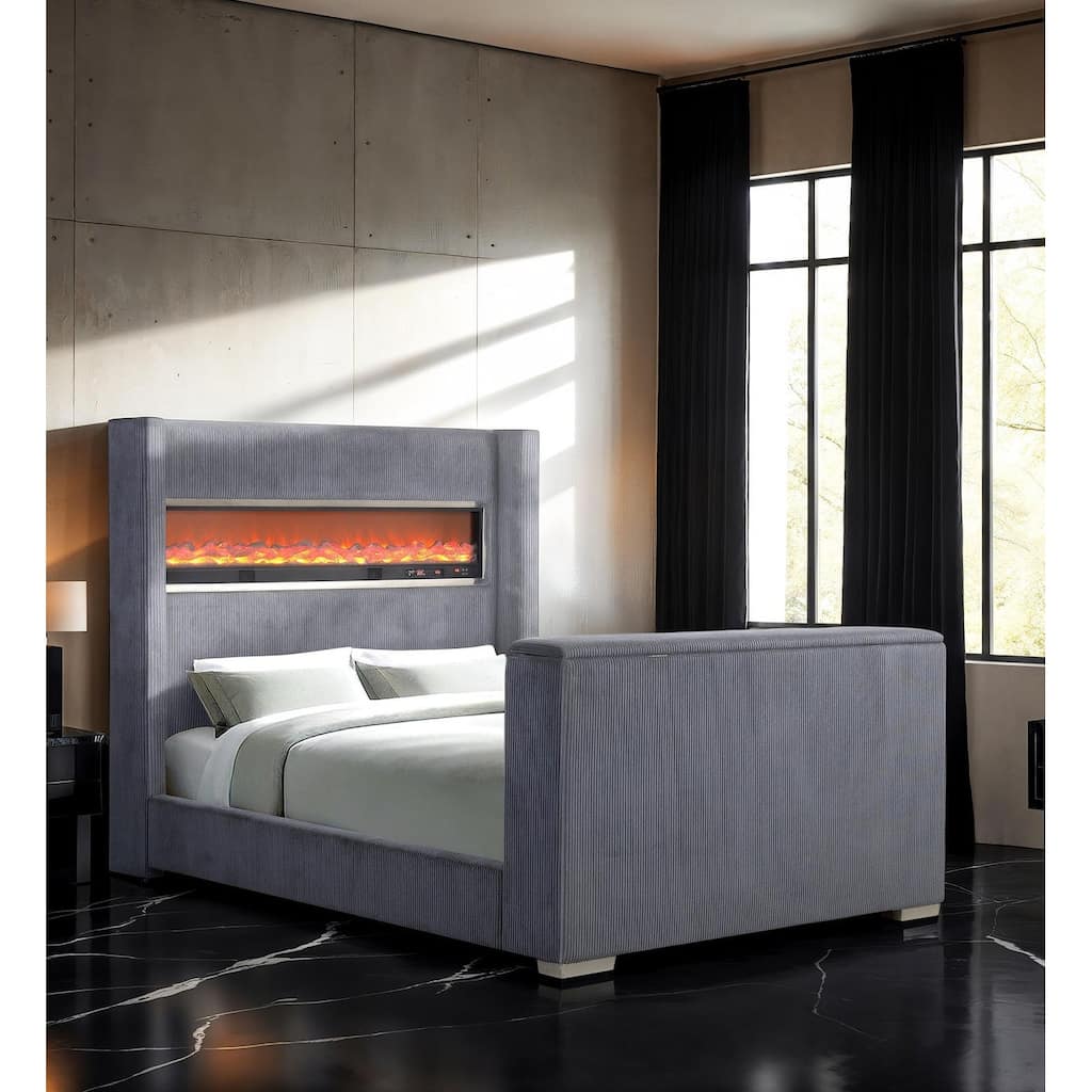 Luxury Gray 1-PC Bed Footboard w/ TV Lift Wingback 3D Fireplace