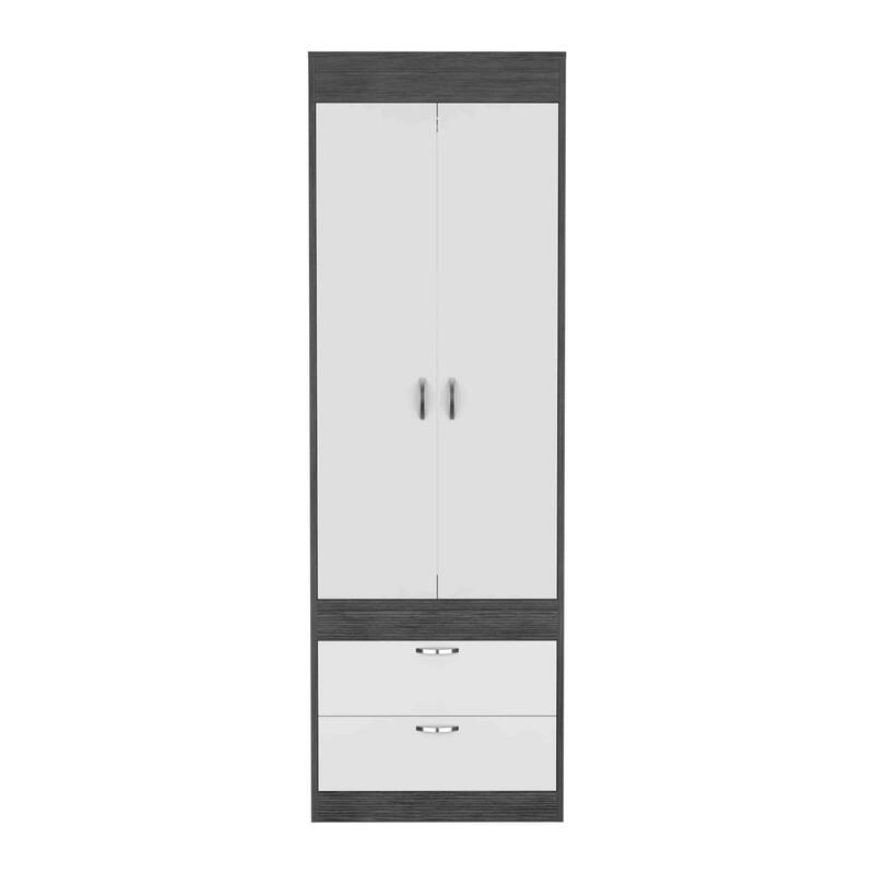 Versatile Wardrobe Armoire Closet Storage Cabinet with Double Doors, Two Drawers, and Hanging Rod - Elegant and Space-Saving