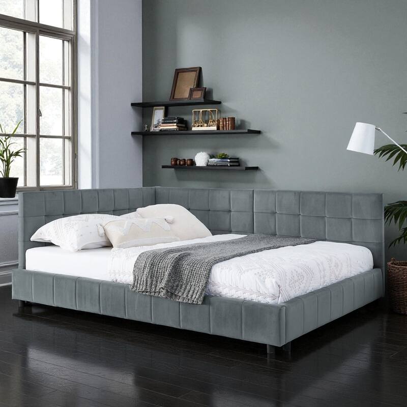 Full Size Velvet Upholstered Tufted Daybed Frame with Backrest and Armrest, Mid-Century Sofa Bed for Bedroom or Living Room