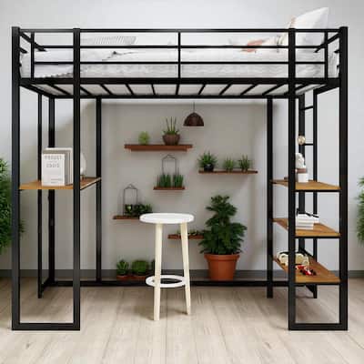 Metal Loft Bed with L-Shaped Desk, Guardrails & Dual Ladders, Sturdy Iron Frame for Kids & Teens