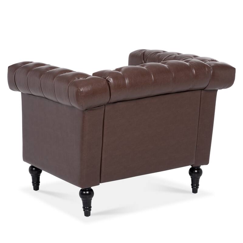 Brown PU Modern 38.98" Upholstered Buttons Tufted Accent Chair with Gourd Shaped Birch Legs and Nailheads