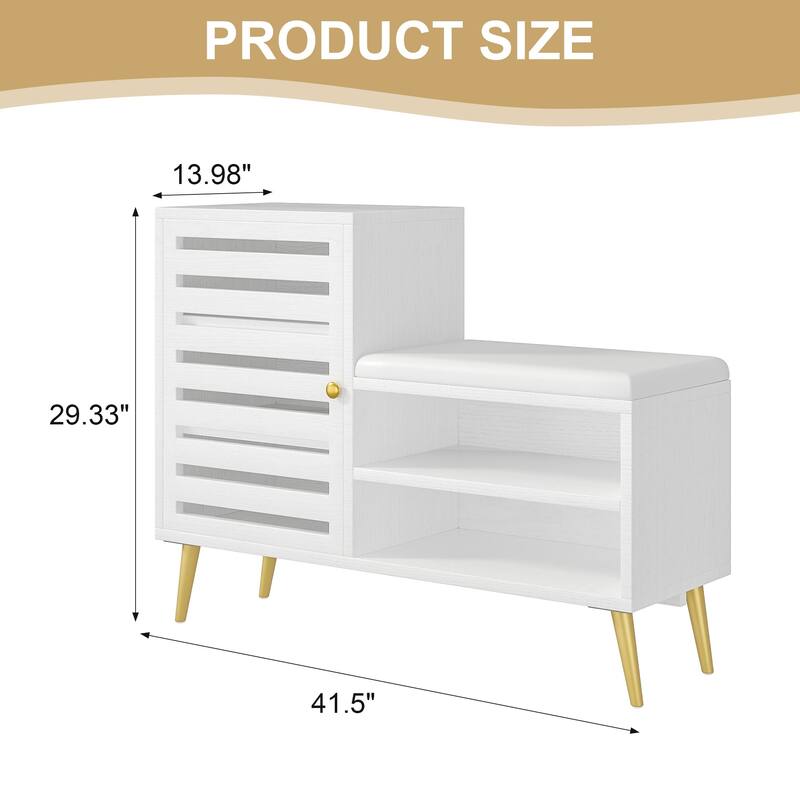 Javlergo L-Shaped Entryway Bench with Shoe Storage PU Cushion & Magnetic Shutter Door Hall Bench with Gold Legs for Living Room