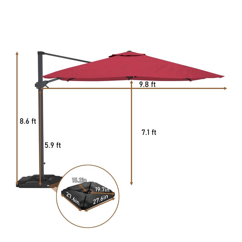 10FT Square Cantilever Patio Umbrella in Red (Without Base)