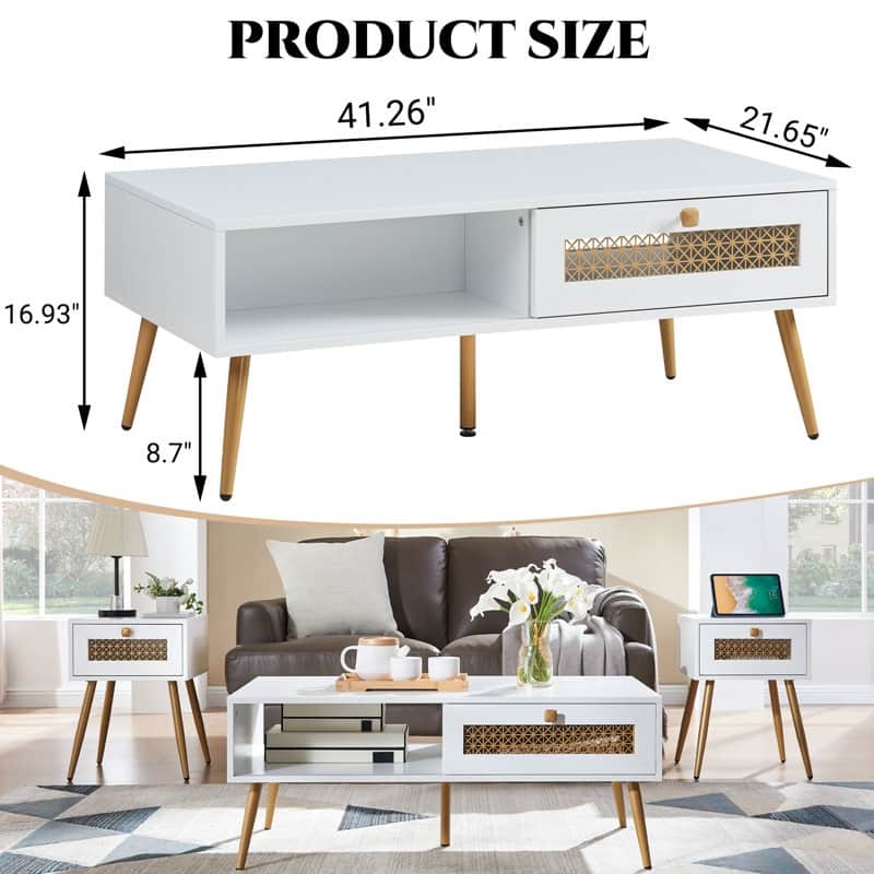 42" W Wood Rectangular Coffee Table with Storage Shelf and Drawer