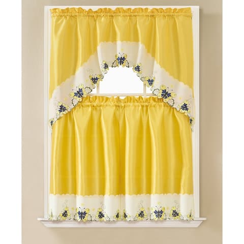 Yolanda Butterfly Embroidered Kitchen Curtain Set, Yellow, Tier 30x36, Valance 60x36 Inches