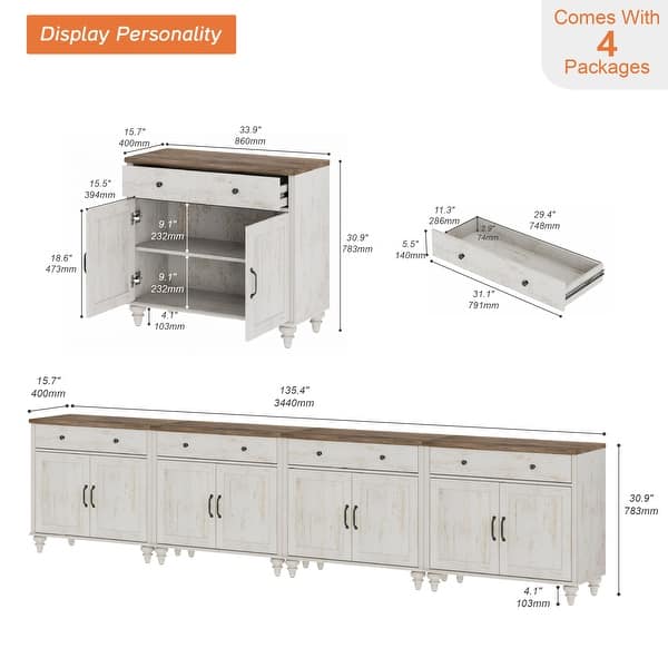 dimension image slide 3 of 8, Farmhouse Sideboard, Buffet Cabinet with Storage Cabinets