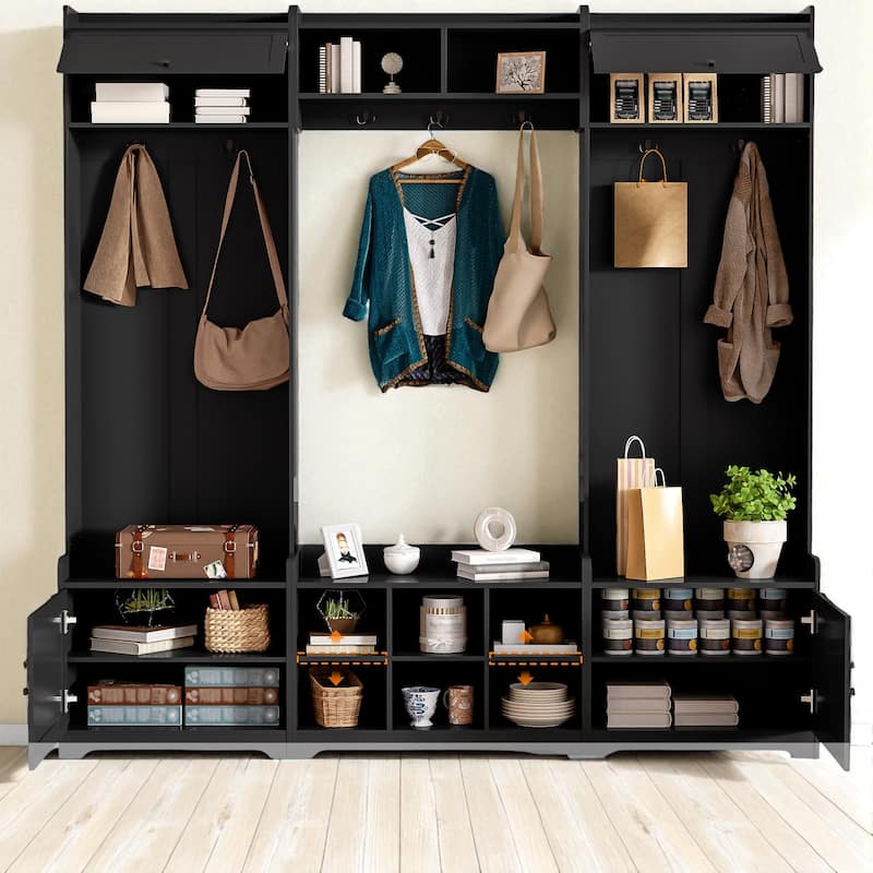 79" Wide Modern Hall Tree with 8 Cubbies, 7 Hooks, Adjustable Shelf & Storage Bench for Entryway and Hallway