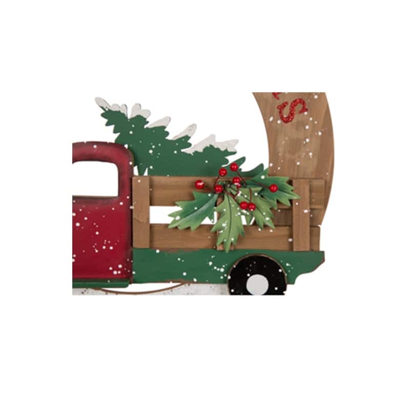 Glitzhome 17"H Wooden/Iron Christmas Truck Floral Wall Hanging Decor