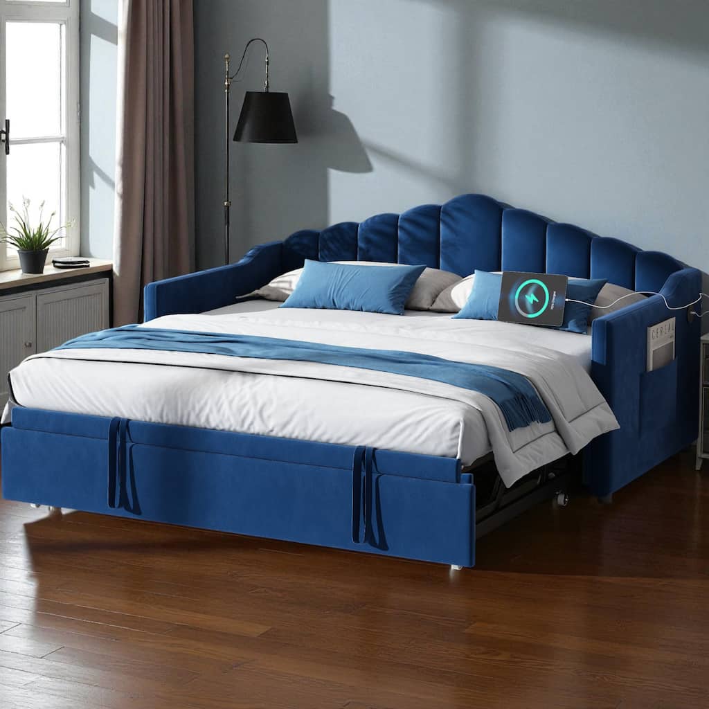 Upholstered Twin Daybed with Adjustable Pop-Up Trundle, USB & Type-C Ports, Velvet Frame with Side Pockets