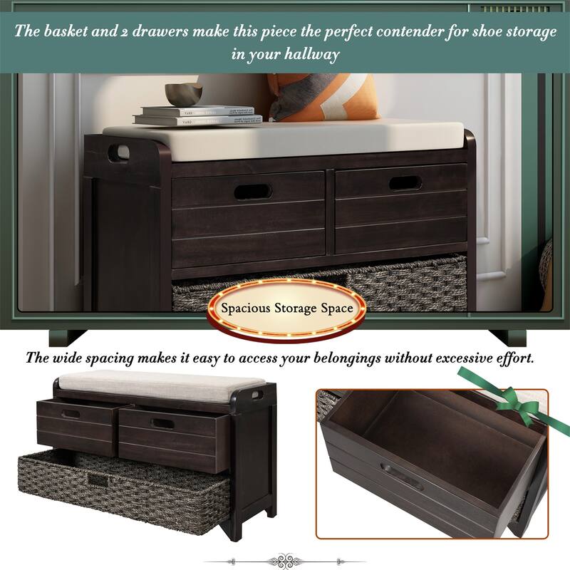 Wood Storage Bench with 2 Woven Baskets by Harper&Bright Designs