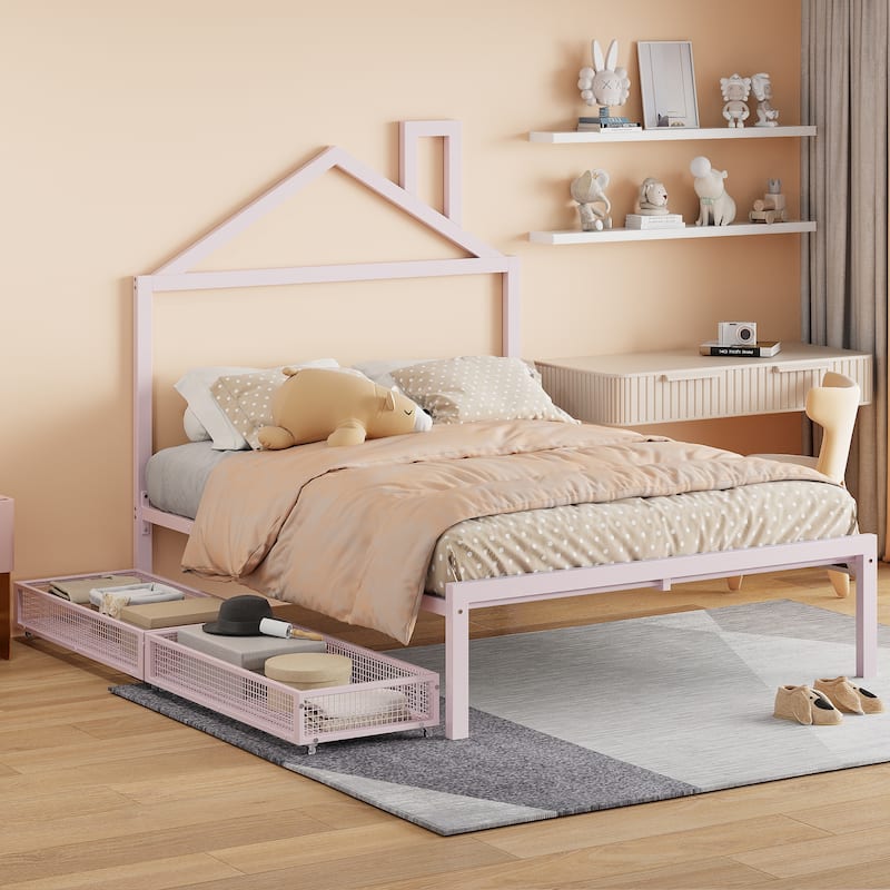 Metal Platform Bed with two drawers - Pink Full - Full