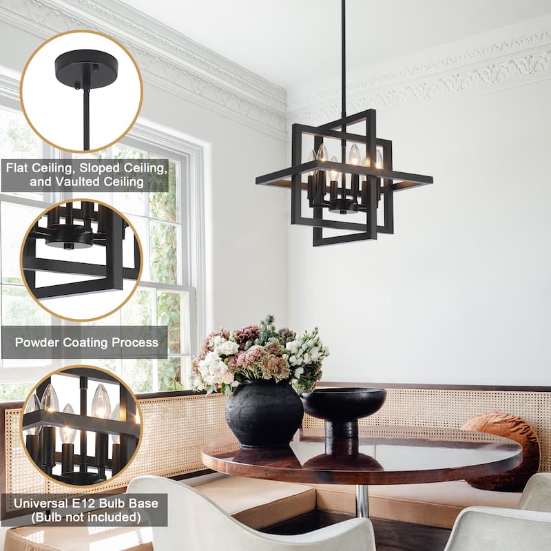 6 - Light Farmhouse Metal Cage Chandelier Rectangle Hanging Light