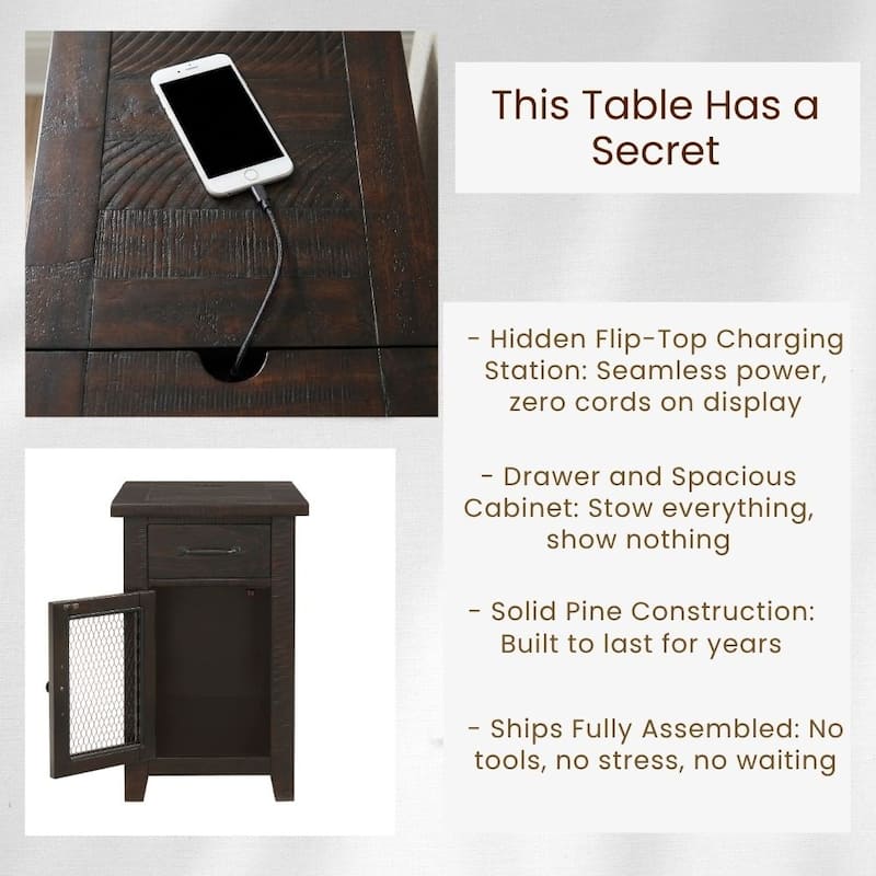 Rustic Solid Wood Chairside End Table with Hidden Charging Station