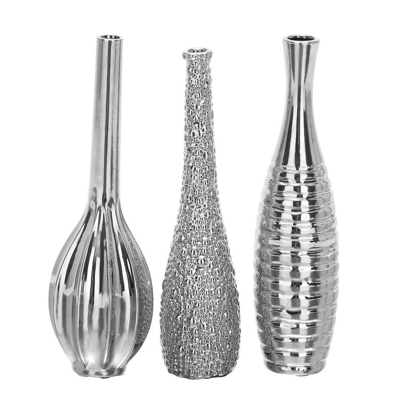 Ceramic Slim Textured Bottleneck Vase with Varying Patterns - Set of 3 Silver, Gold, White - Roche River Decor - Silver