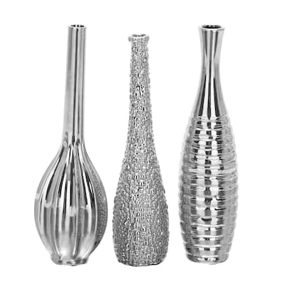 Ceramic Slim Textured Bottleneck Vase with Varying Patterns - Set of 3 Silver, Gold, White - Roche River Decor