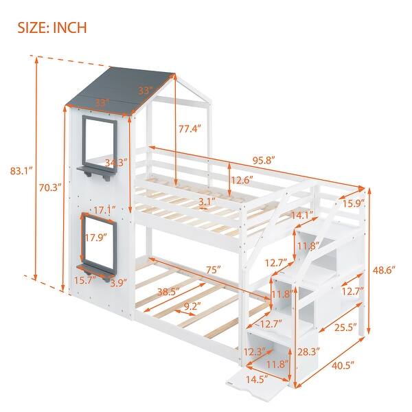 Twin Over Twin Bunk Bed Double Wood Bed with Storage Stairs - Bed Bath ...