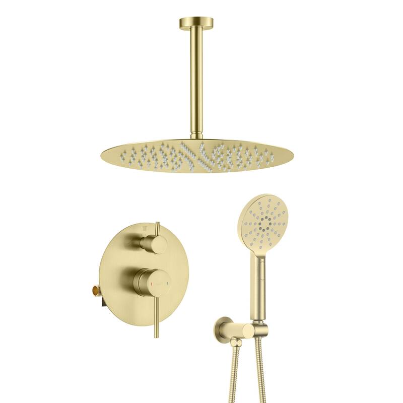 Circular Pressure Balanced Ceiling Mounted 2-Function Shower System with Rough In Valve - Brushed Gold