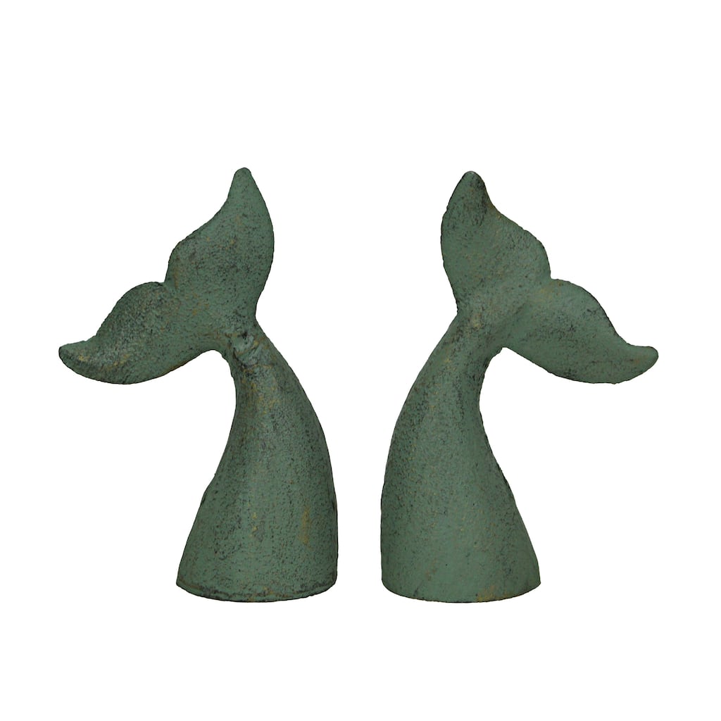 Zeckos Verdigris Green Cast Iron Whale Tail Bookends (Set Of 2) - 6.5 X 4 X 1.5 inches