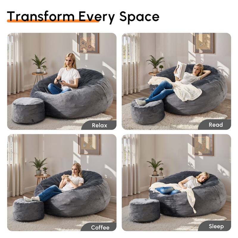 HOOOWOOO Dutch Velvet Fabric Bean Bag Chair with Ottoman