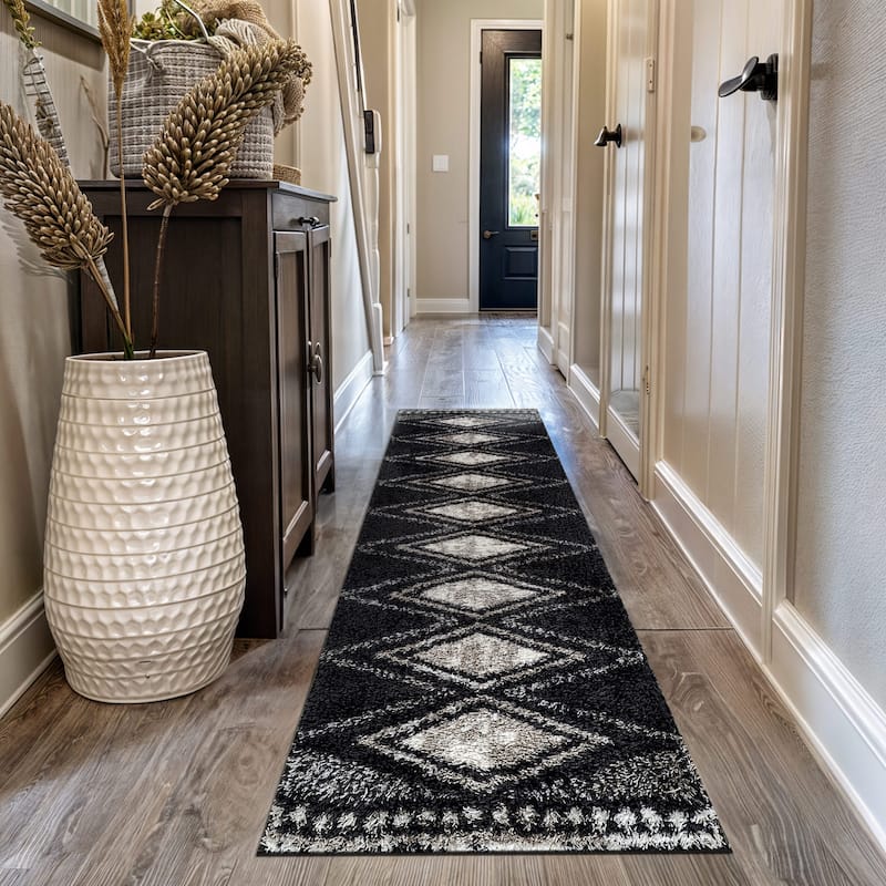 Geometric Grid Shag Rug - Anthracite Dark Gray - Medium Pile - Durable for Living Room, Bedroom, or Entryway - 2' 3" x 12'