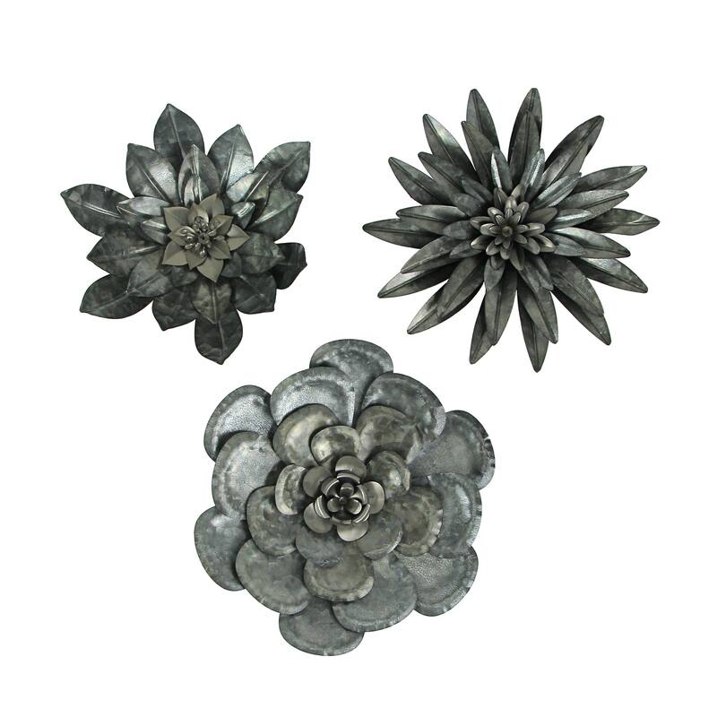 Zeckos Galvanized Metal Flower Sculptures Wall Hangings (Set Of 3)