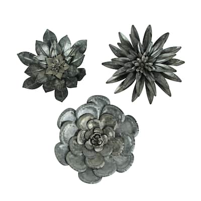 Zeckos Galvanized Metal Flower Sculptures Wall Hangings (Set Of 3)