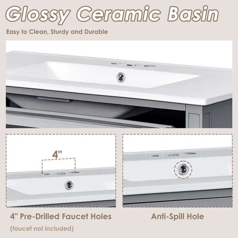 36" Bathroom Vanity with Top Ceramic Sink, 2 Drawers and a Tip-out Drawer