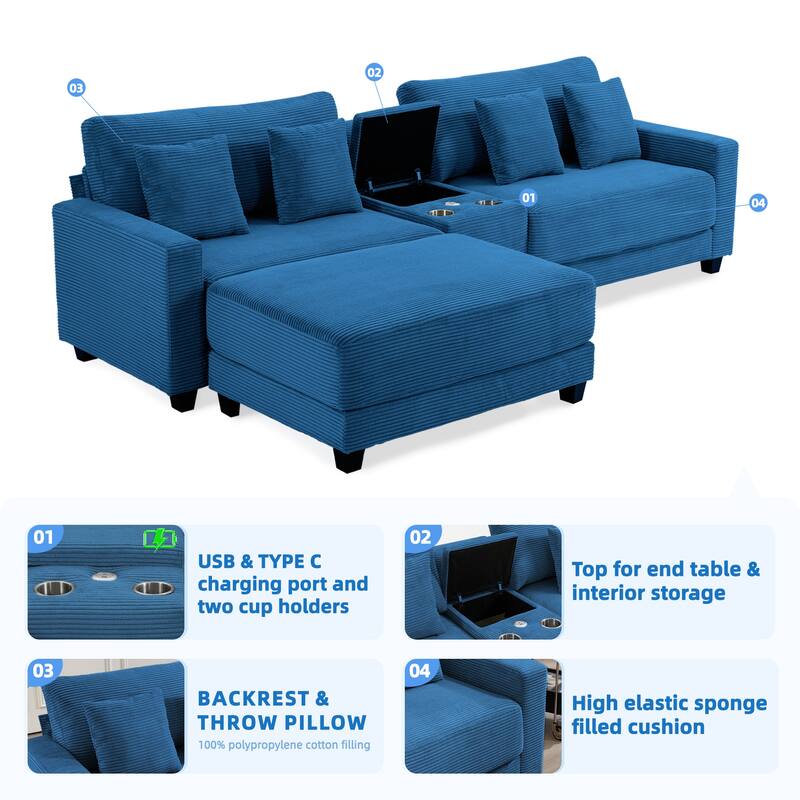 Oversized Corduroy Upholstered Sofa with a Removable Ottoman & 4 Pillows