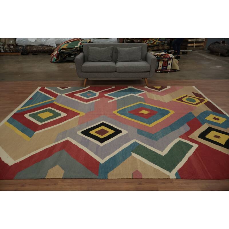 Hand Woven Oriental 100% Wool Carpet Southwestern Modern Multi-Colored Kilim Area Rug - 10' 10'' X 8' 10''